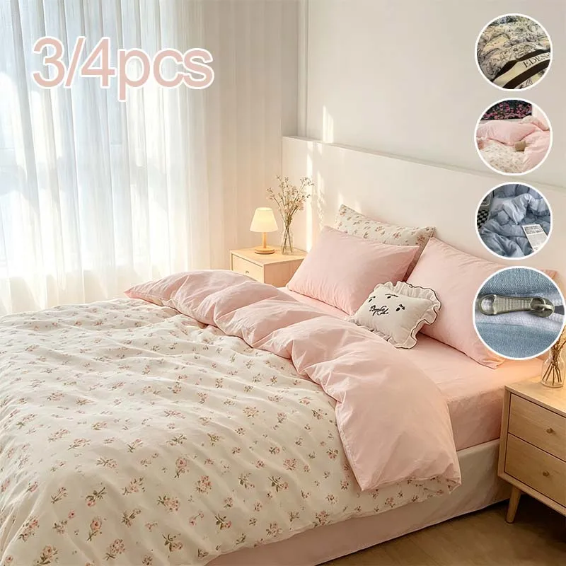 3/4pcs Double Color Duvet Cover Set Pillowcase Bedding Breathable Bedroom Single Couple Bedsheet for Queen Double Twin Size Bed