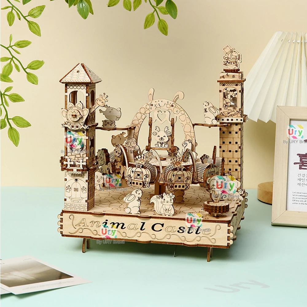3D Wooden Mechanical Carousel Puzzle – Rotating Zoo Animal Model Kit 6