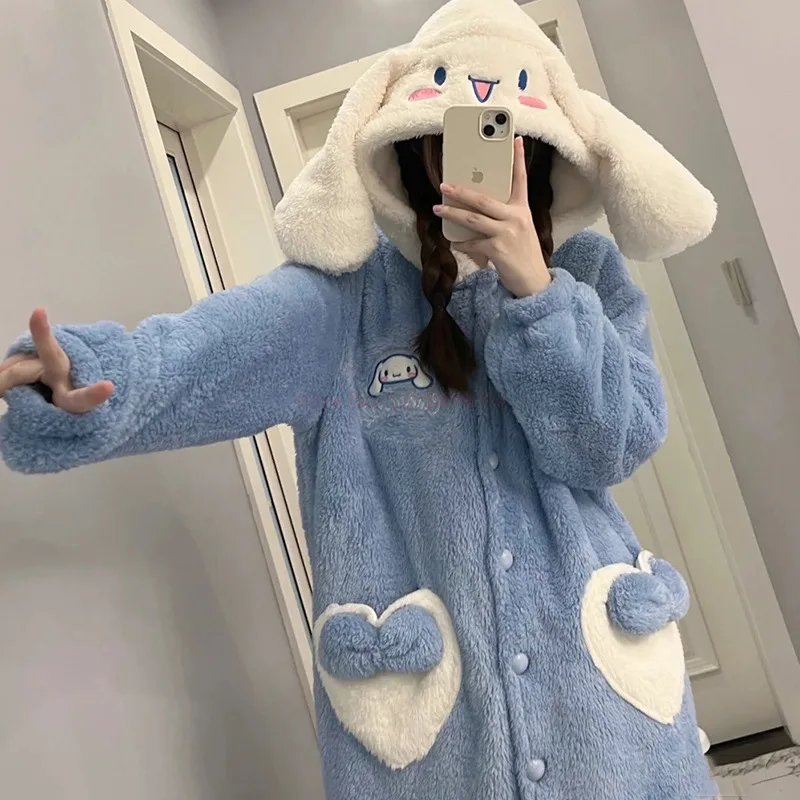 Sanrio Cinnamoroll Coral Fleece Nightgown Kawaii Cartoon Casual Hooded Homewear Winter Warm  Soft Plush Pajama Pants Set for Gir