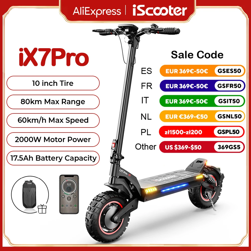 iScooter iX7Pro 10 inch Electric Scooter 2000W Dual Motor Off Road Adult Scooters 17.5Ah 60km/h Powerful Electric Kick Scooter