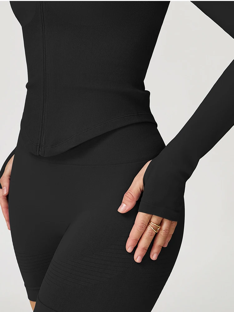 VITALINOVO Damen Cropped Running Workout Jacken mit Reißverschluss, schmal geschnittene Sportjacken mit Daumenlöchern, nahtlose, dehnbare Trainingsjacken – Detail 6