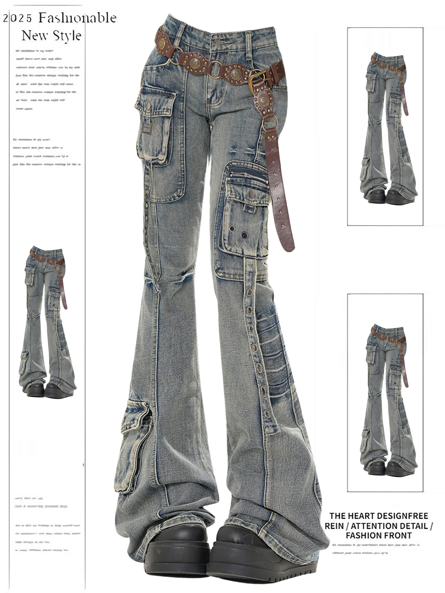 

Retro American Workwear Bell Bot Denim Jeans Women's Multiple kets Spicy Girl Slimming Long Trousers Autumn Design