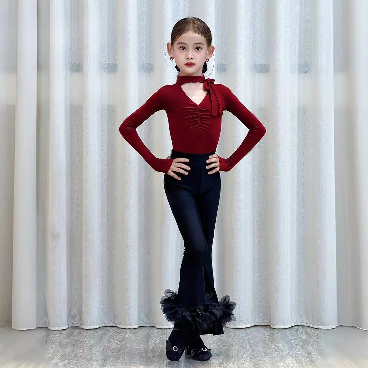 

Children Latin Dance Performance Costume Kids Girls Long Sleeve Tops Trousers Samba Rumba Competition Dancewear