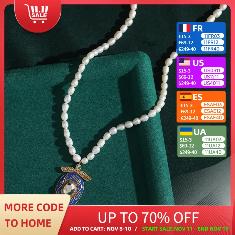 

Vintage Freshwater Pearl Necklace Jewelry Luxury French Court Oval Enamel Pendants And Charms Wedding Bridal Chain For Women
