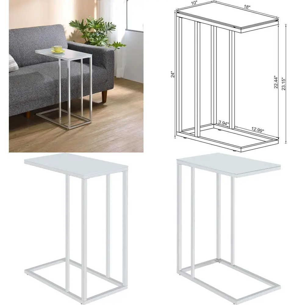 

10-дюймовый C-образный приставной столик для дивана из стекла и металла, с открытым основанием, компактный, современный, белый и хромированный.