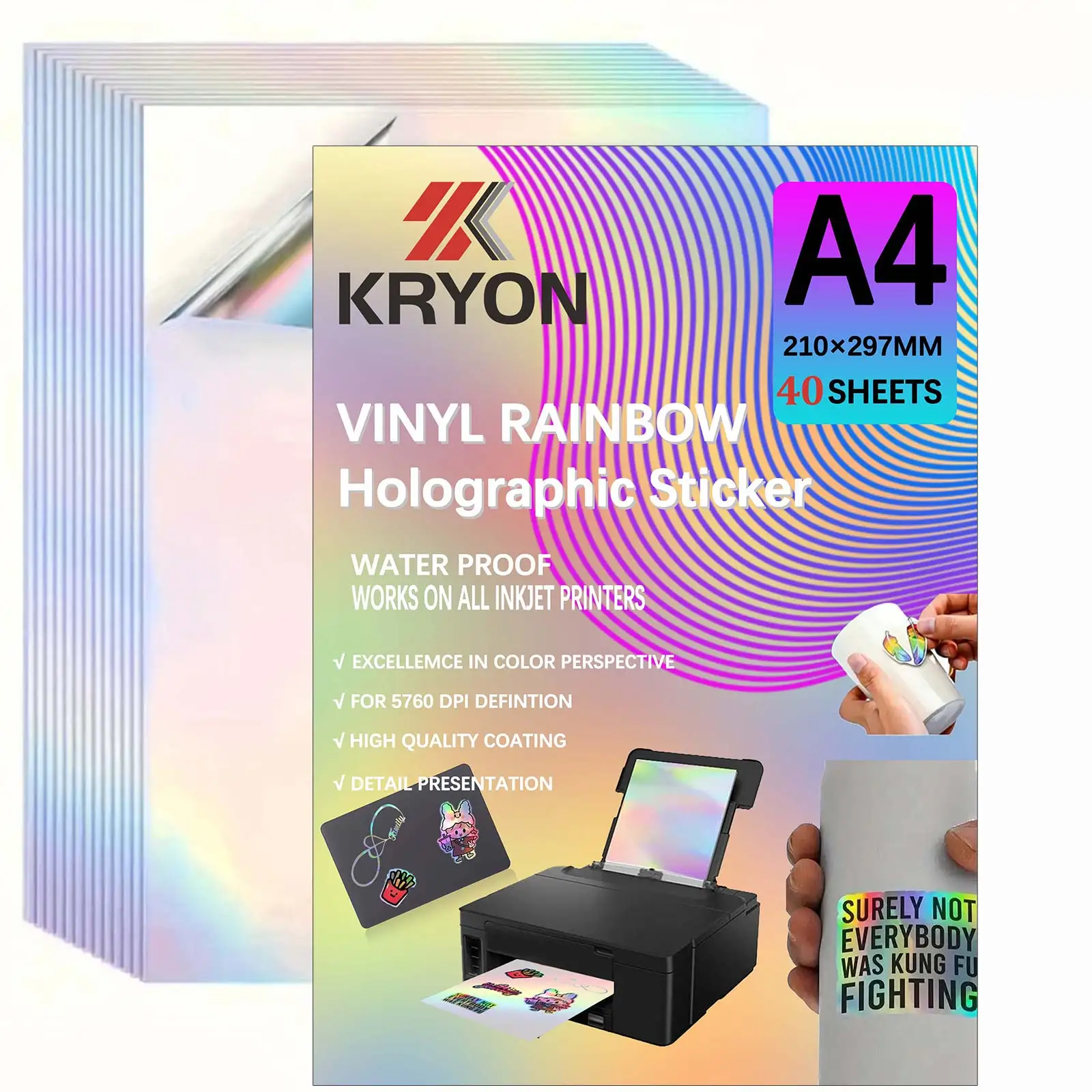 KRYON A4 Rainbow Vinyl Sticker Paper, Waterproof 10/20/30/40/50 Sheets With Inkjet Printers, For Labels, Stickers, Office & Home