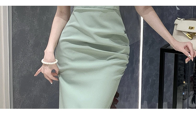 New High Quality Green Evening Party Dress Fashion Summer Women Chic Lantern Sleeve Square Collar Bodycon Split Long Prom Dress