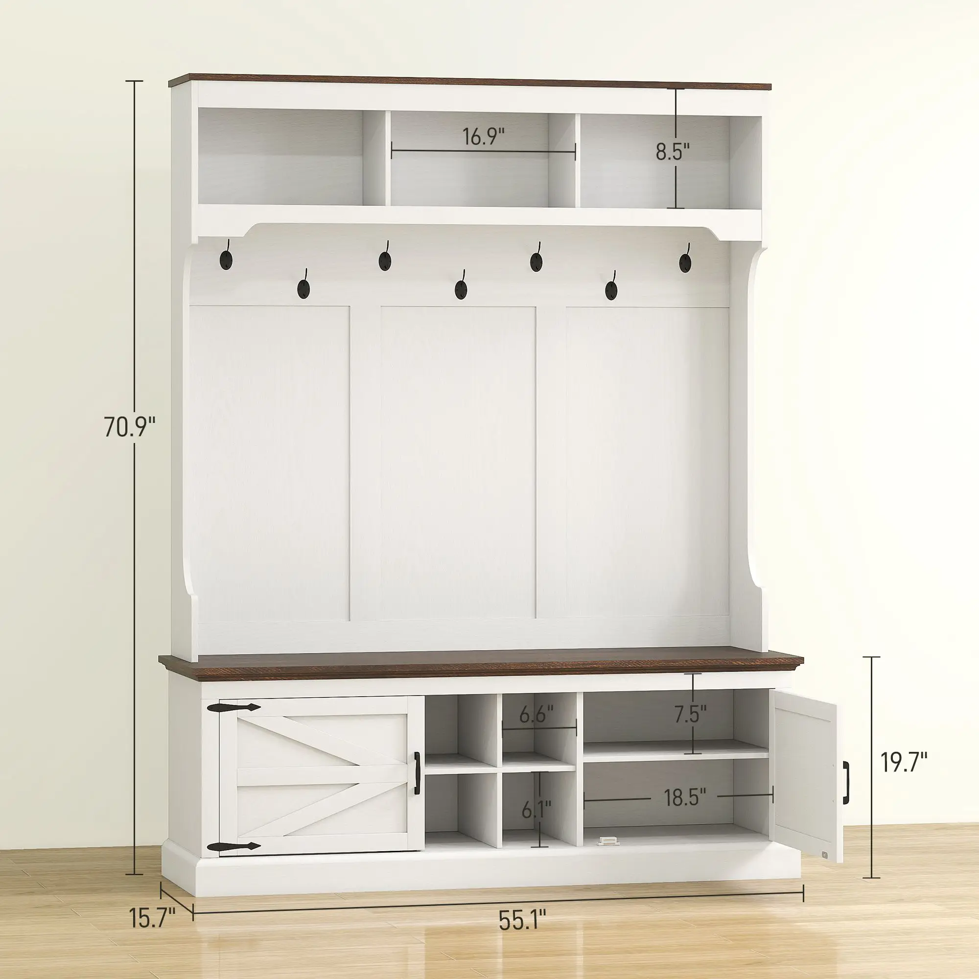 For 3-in-1 Hall Tree with Shoe Storage, Coat Rack with Bench, Entryway Furniture with Hooks, White Wood Grain