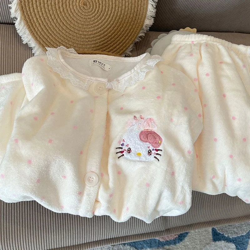 الأصفر مرحبا كيتي منامة للفتيات ربيع الخريف الشتاء سميكة المخملية طويلة الأكمام دعوى لطيف الدافئة لباس خارجي ملابس المنزل