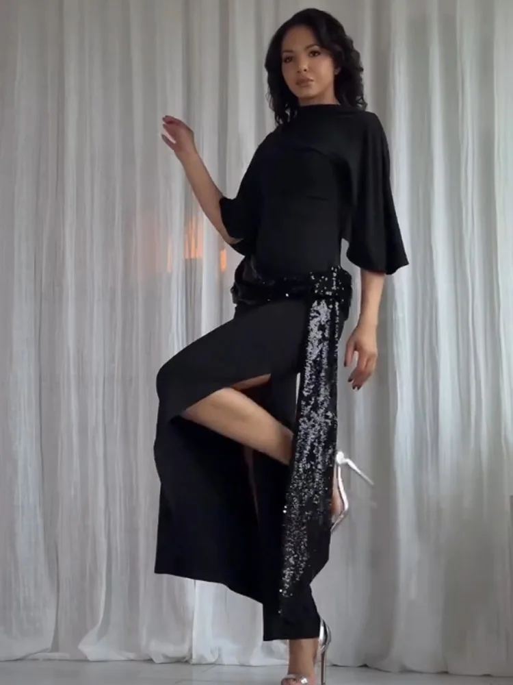 

HH женское сексуальное длинное платье с открытой спиной и короткими рукавами, асимметричное украшение с блестками, модное женское элегантное вечернее платье