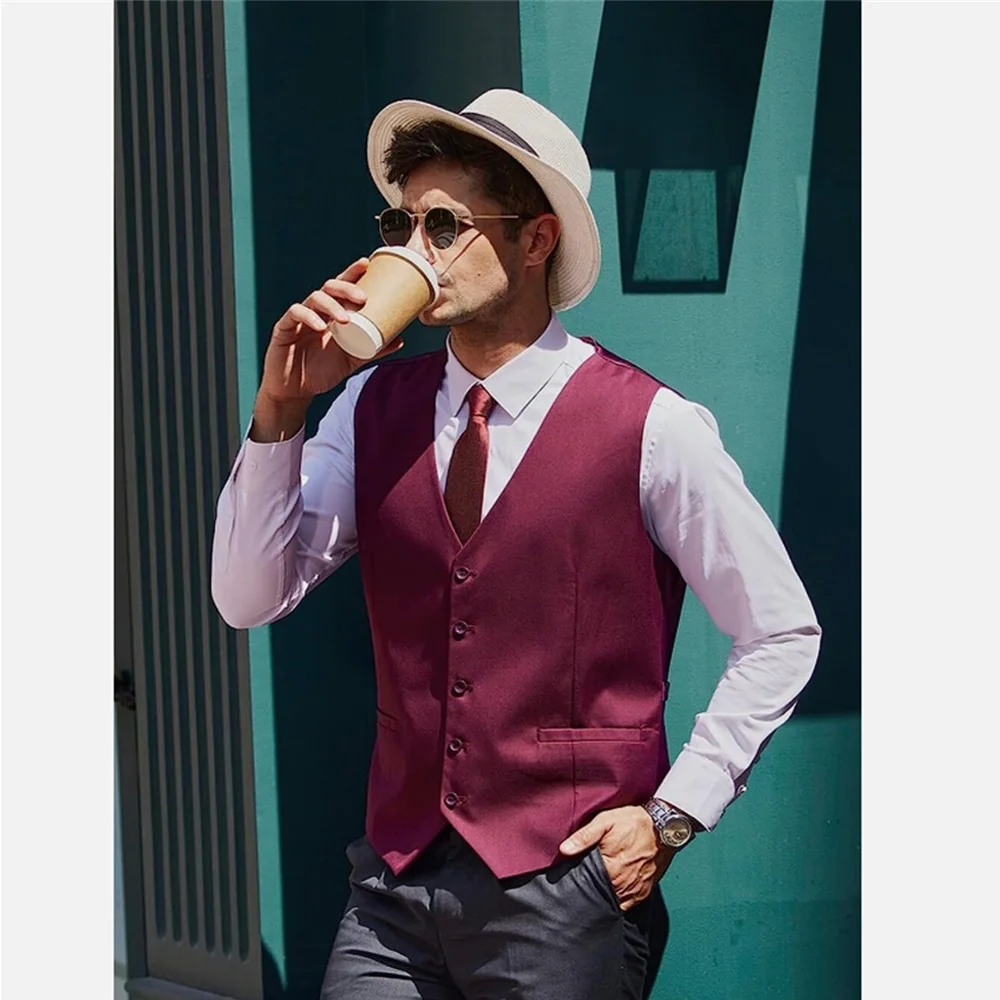 Men Vest Cotton For Wedding Dress V-Neck Male Clothing High Quality Wine Red Comfortable and Soft Plus Size Waistcoat Gilet Uomo