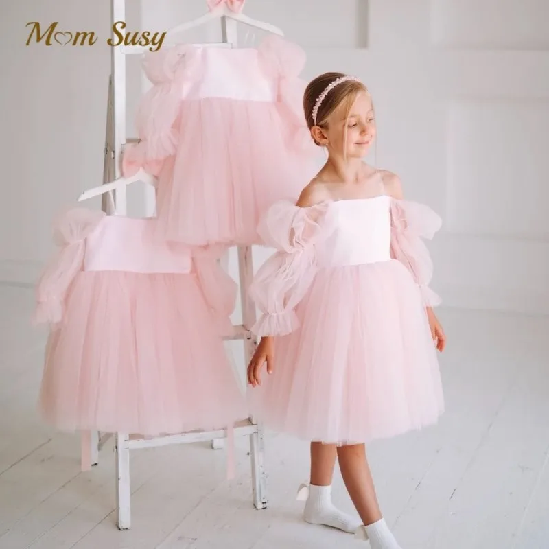 Baby Girl Princess Off Shoulder Tutu Bow Dress Child Puff Sleeve Vestido Party Wedding Pageant Birthday Baby Clothes 1-12Y