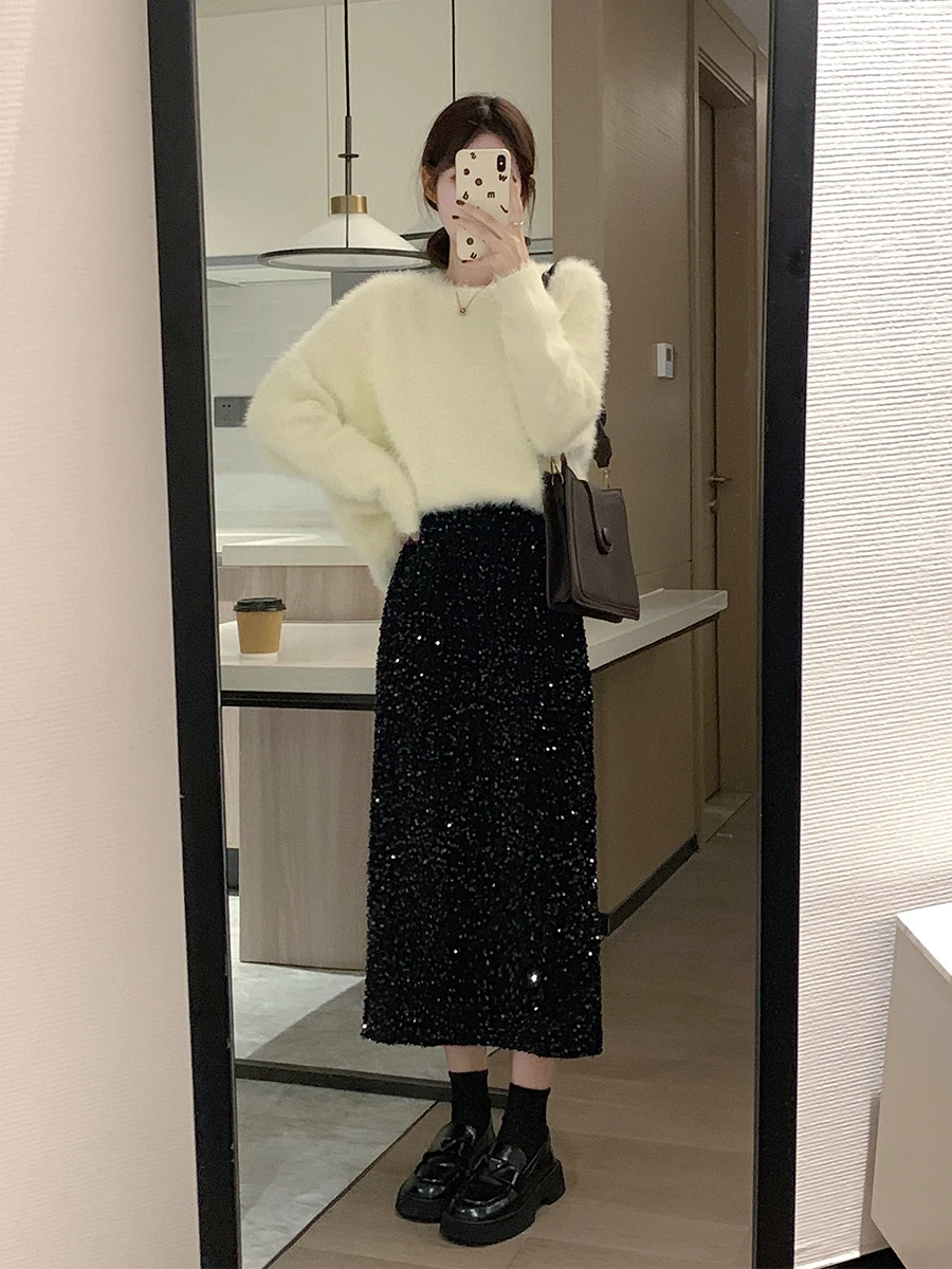 

Модный женский комплект весна 2024: длинный свитер и брюки, двухслойный, из полиэстера, удобный крой, повседневный шикарный наряд