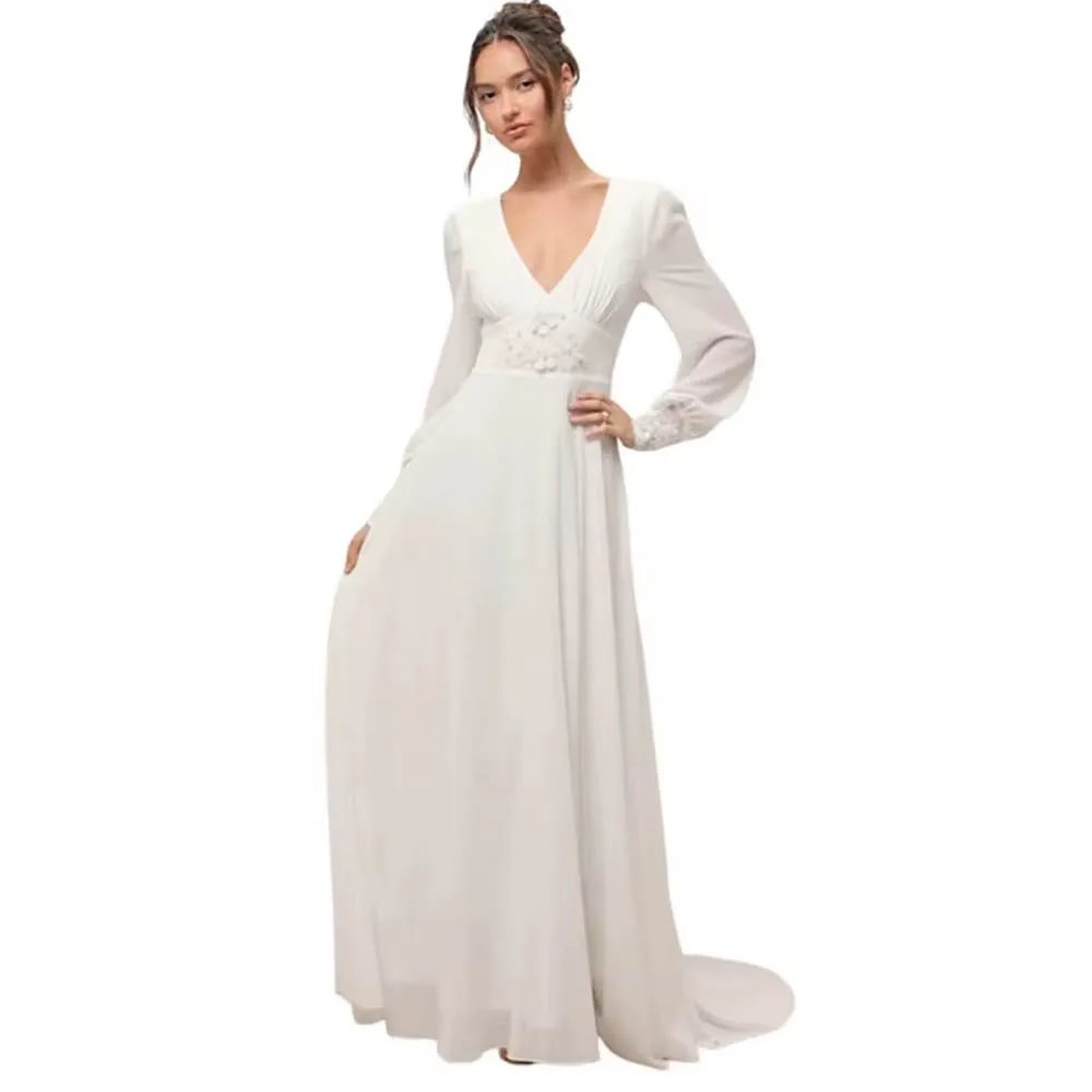 

Customized Lace Beach Mother of Bride Dresses A Line Chiffon Corset Beach Bridal Gown with Long Sleeve Wedding Party Dresses