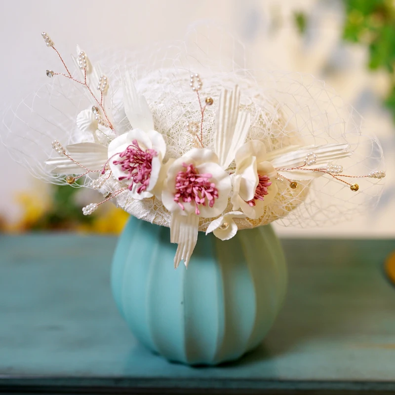 

French Style Fairy Flower Fascinator Hat Headpiece for Women Cute Lolita Hat Wedding Bride Church Party Fedors with Face Veil