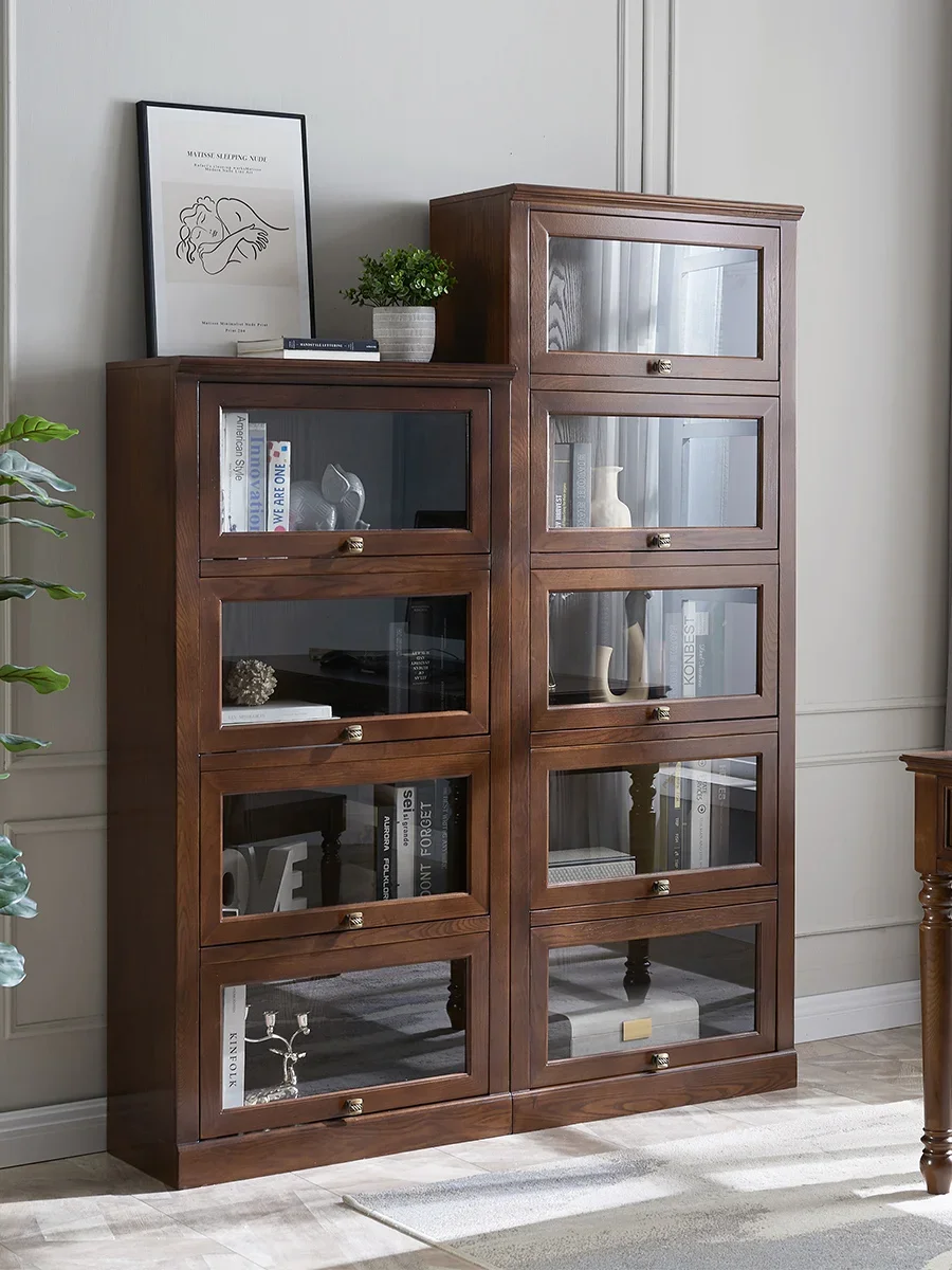 S American-Style Solid Wood Bookcase with Glass Door Shelf Modern Locker Storage Cabinet Display Cabinet