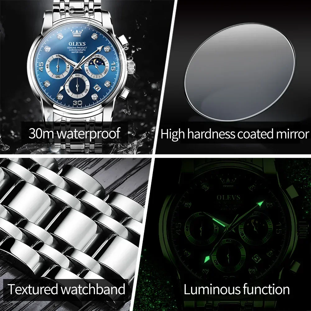 OLEVS 2889 relojes de cuarzo para hombre fase lunar resistente al agua reloj de hombre de acero inoxidable cronógrafo de negocios clásico reloj de pulsera luminoso