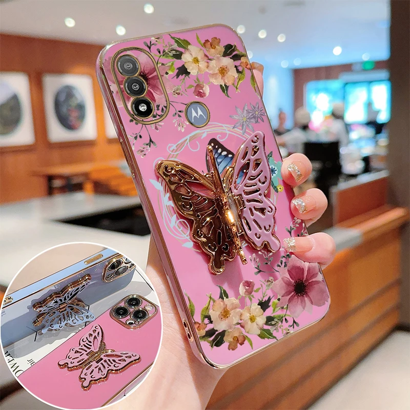 E 20 Flower Butterfly Plating Holder Phone Case For Motorola Moto G13 E13 E22 E32 E20 E22i E7Plus E7Power EDGE 20 EDGE 30 Cover