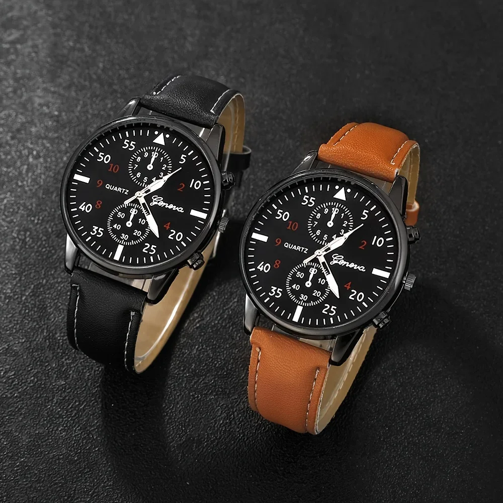 2-Pack Men\'s Casual Sports Watches, PU Leather Strap -, Multifunctional Timepiece for Business and Leisure, Ideal Gift Set