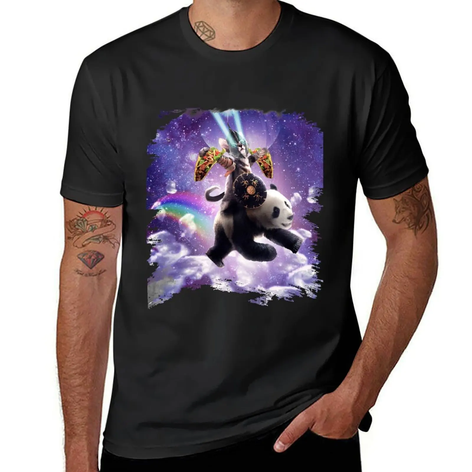 

Lazer Warrior Space Cat Riding Panda With Taco T-Shirt affliction shirts basketball graphic tees heavyweights t shirt for men