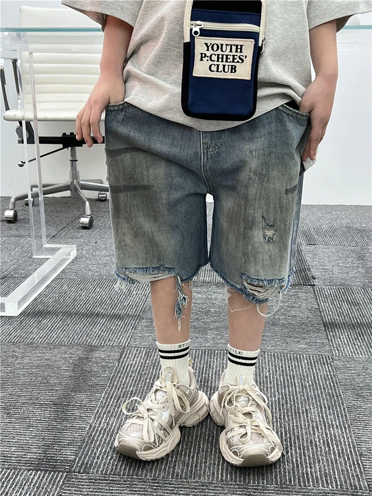 2-8Years Boys Denim Shorts Summer New Kids Graffitied Ripped Pants Children Cotton Casual Knee Length Shorts
