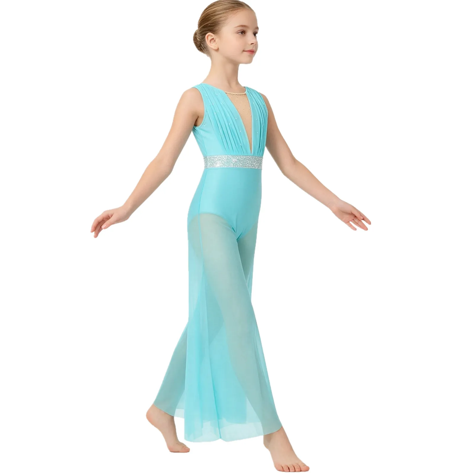 Kids Girls Modern Lyrical Dance Jumpsuit Sheer Mesh Wide-Leg Skating Gymnastics Ballet Acrobatics Bodysuit for Stage Performance