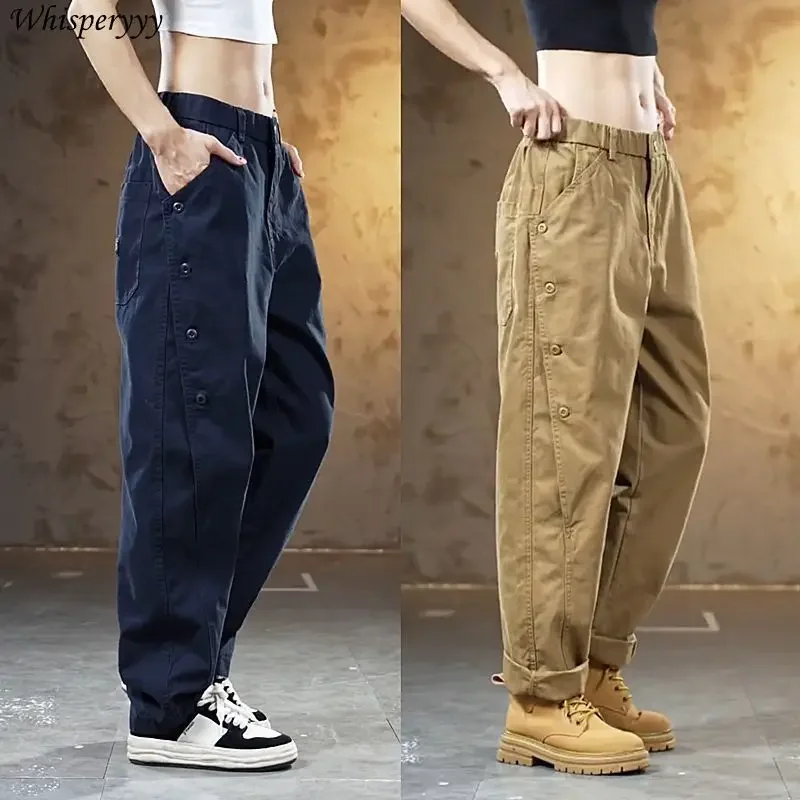 Cargo Pants Men Autumn Winter New Solid Color Button Overalls Male Streetwear Loose Harlan Straight-leg Pants Casual Trousers