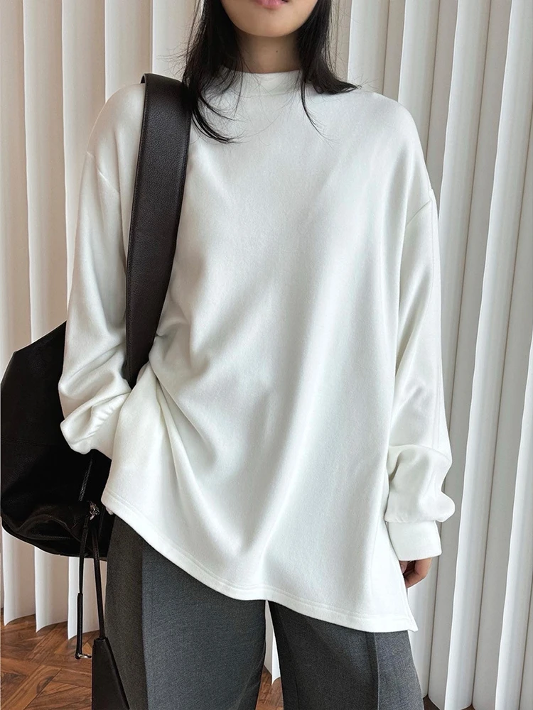 [LANMREM] Minimalism Long Sleeve T-shirt Women\'s Round Neck Casual Loose Warm Tops Female Tees Fashion 2024 Winter New 26C857