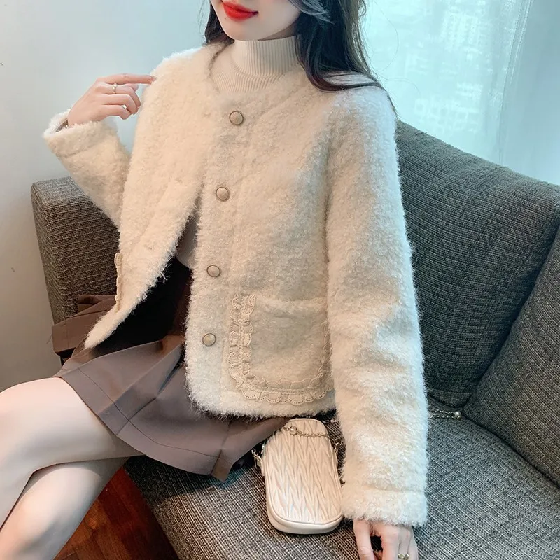 Women's Winter Lamb Hair Granular Fleece Coat Fragrant Fur One Piece Loose Sweet Round Neck Thickened Wool Jackets