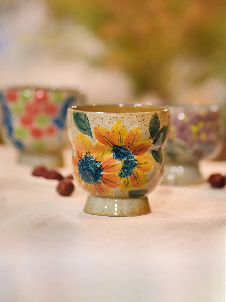 

Jingdezhen Hand-Painted Gourd-aped Cerc Tea Cup Purple Vine Flower Thi Clay High Footed Tea Drinking Cup Owner Cup