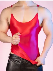 Fashion Spaghetti Strap Tank Tops Sheer Transparent Oil Shiny Men's Vest Man Clothing Night Club High Elastic Sleeveless Shirt