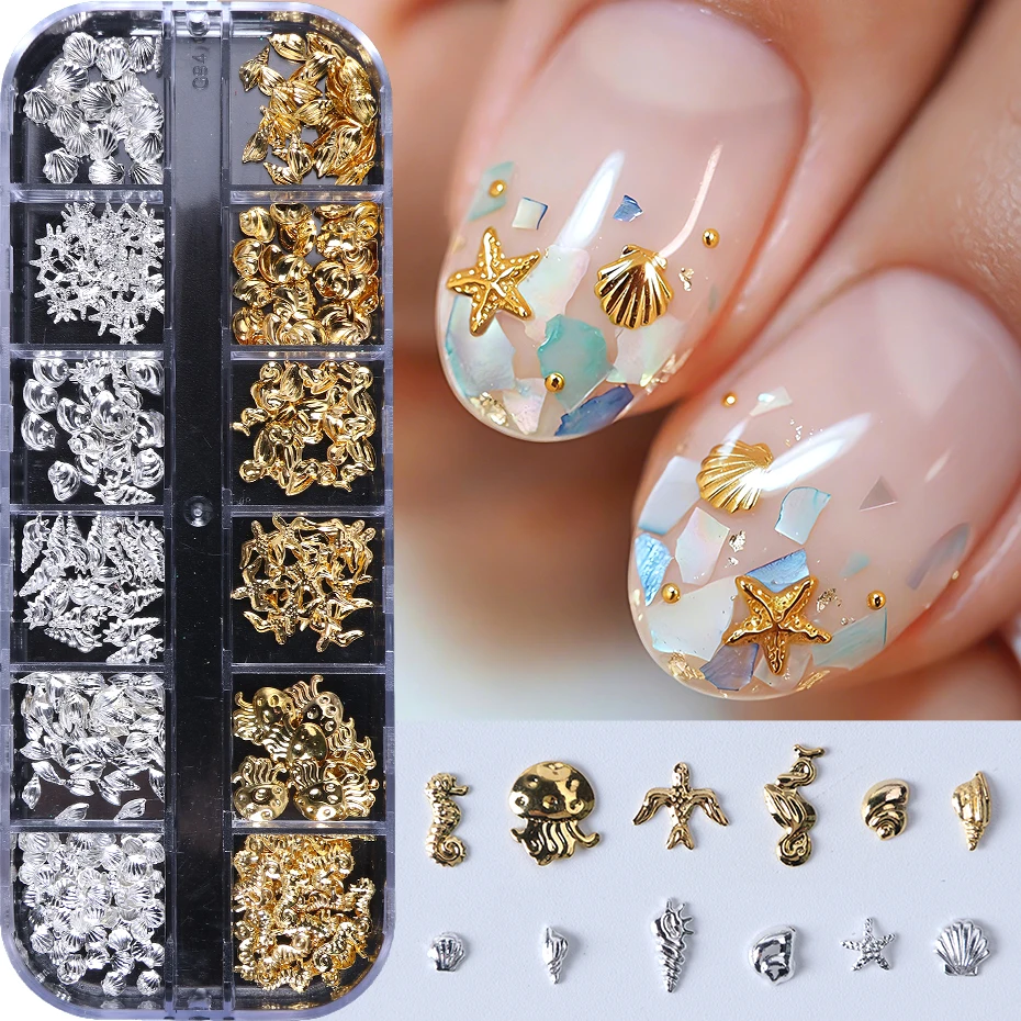 12 Grids Shell Gold Silver Metal Nail Charms Decorations Starfish Jellyfish Summer Nail Rivet Studs Crafts Nail Art Accessories