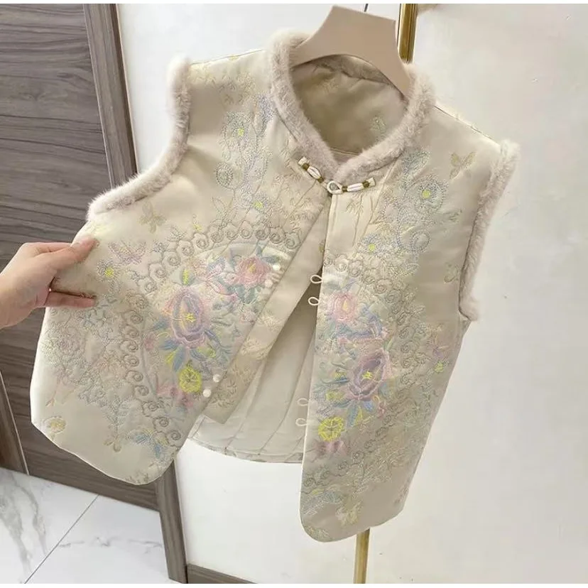 

Autumn Winter Thick Warm Quilted Chinese Top Women Warm Qipao Vest Embroider Flower Sleeveless Jacket Hanfu Coat Costume