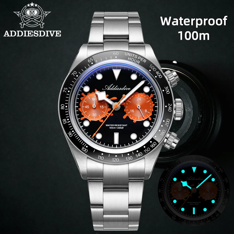 

ADDIESDIVE Luxury Men Chronograph Watch 40mm 10Bar Diver VK64 316L Stainless Steel “Paint Bucket” BGW9 Luminous Quartz Watches