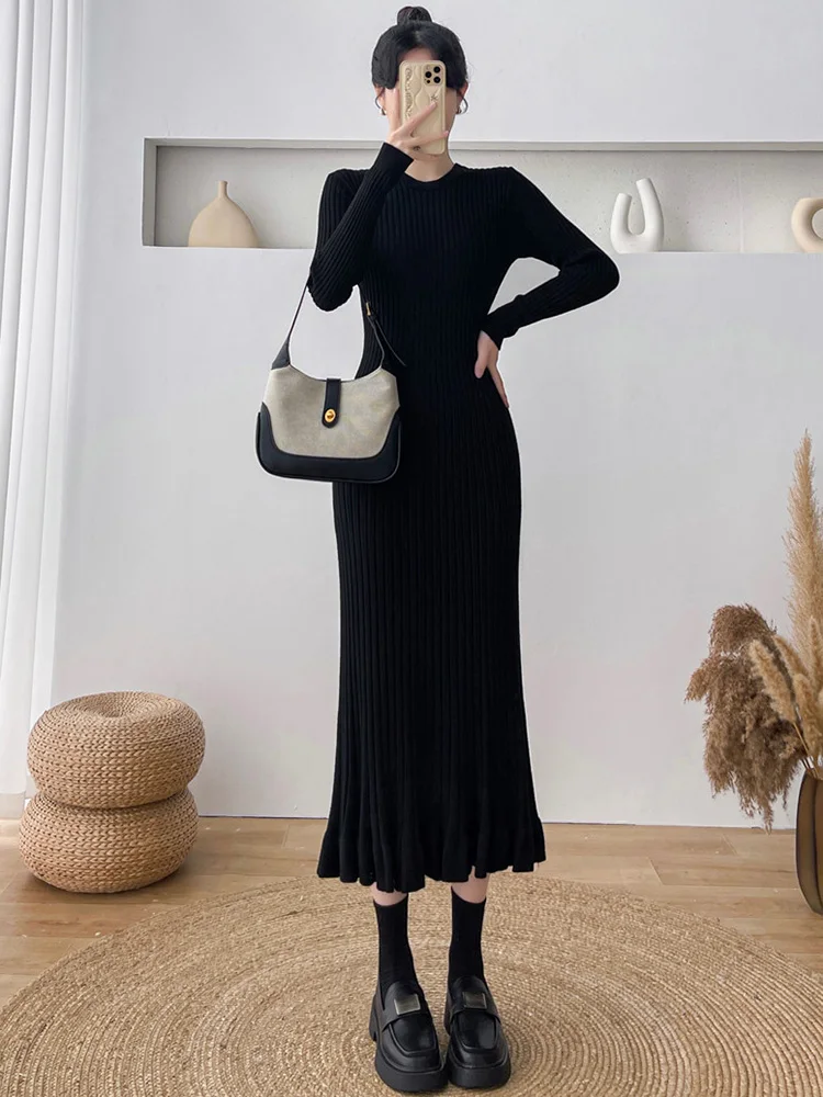 New Women Sexy Sweater Dress Autumn Winter Fashion O-Neck Long Sleeve Slim Knitted Overlength Dress High Stretch Pullover Dress