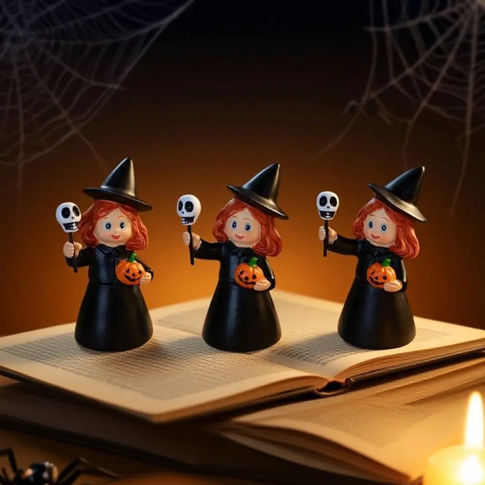 3Pcs Cute Halloween Witch Statue Cartoon Craft Halloween Witch Ornament Funny with Skull Pumpkin Halloween Party Decoration