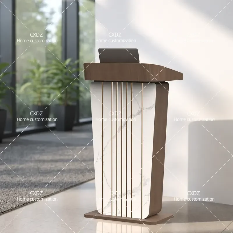Reception desk stainless steel wood grain marble combined with luminous modern light luxury styling, conference room school