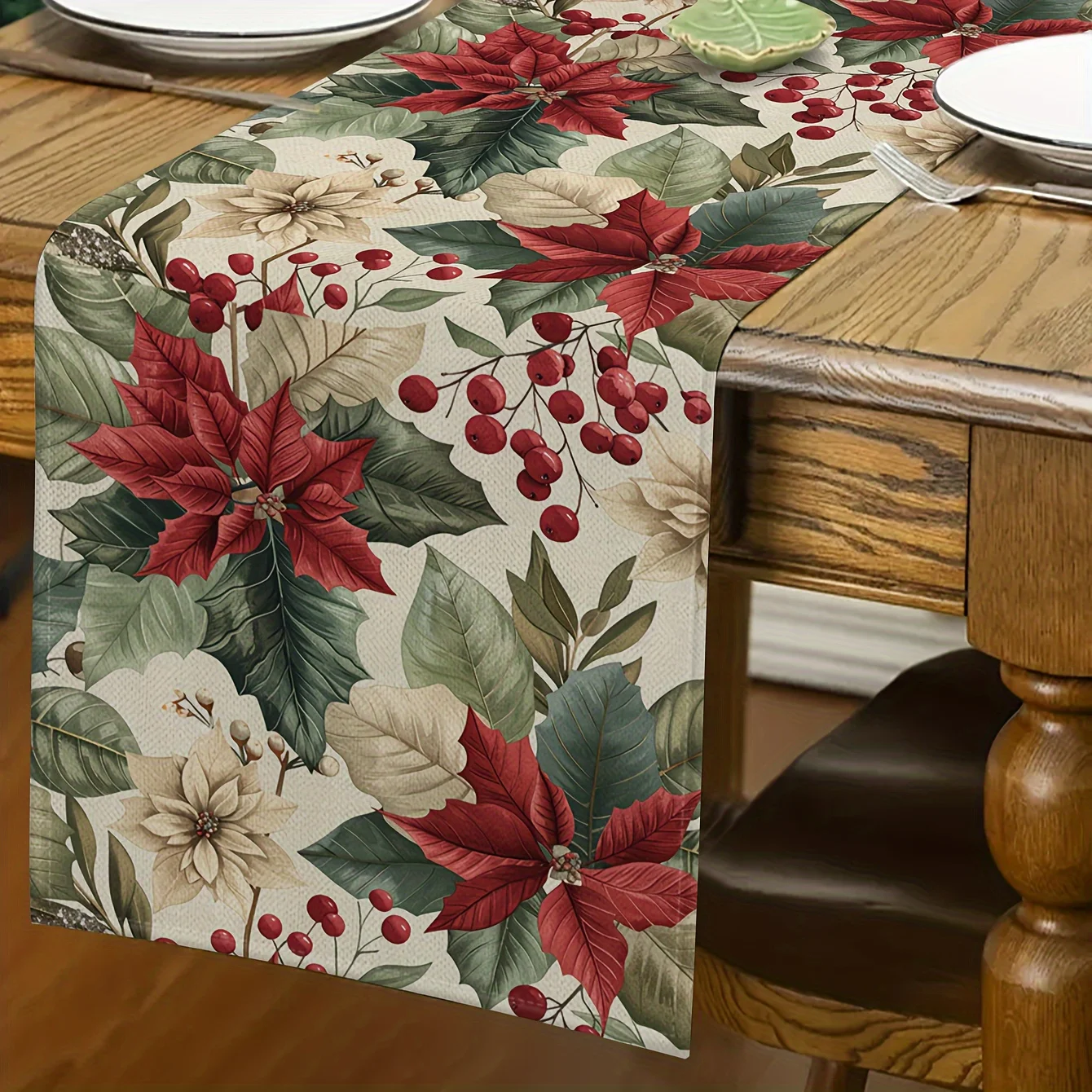 Christmas Poinsettia Table Runner Polyester Floral Pattern Xmas Dinner Decor Tabletop Holiday Warm Vibe Quality Assured