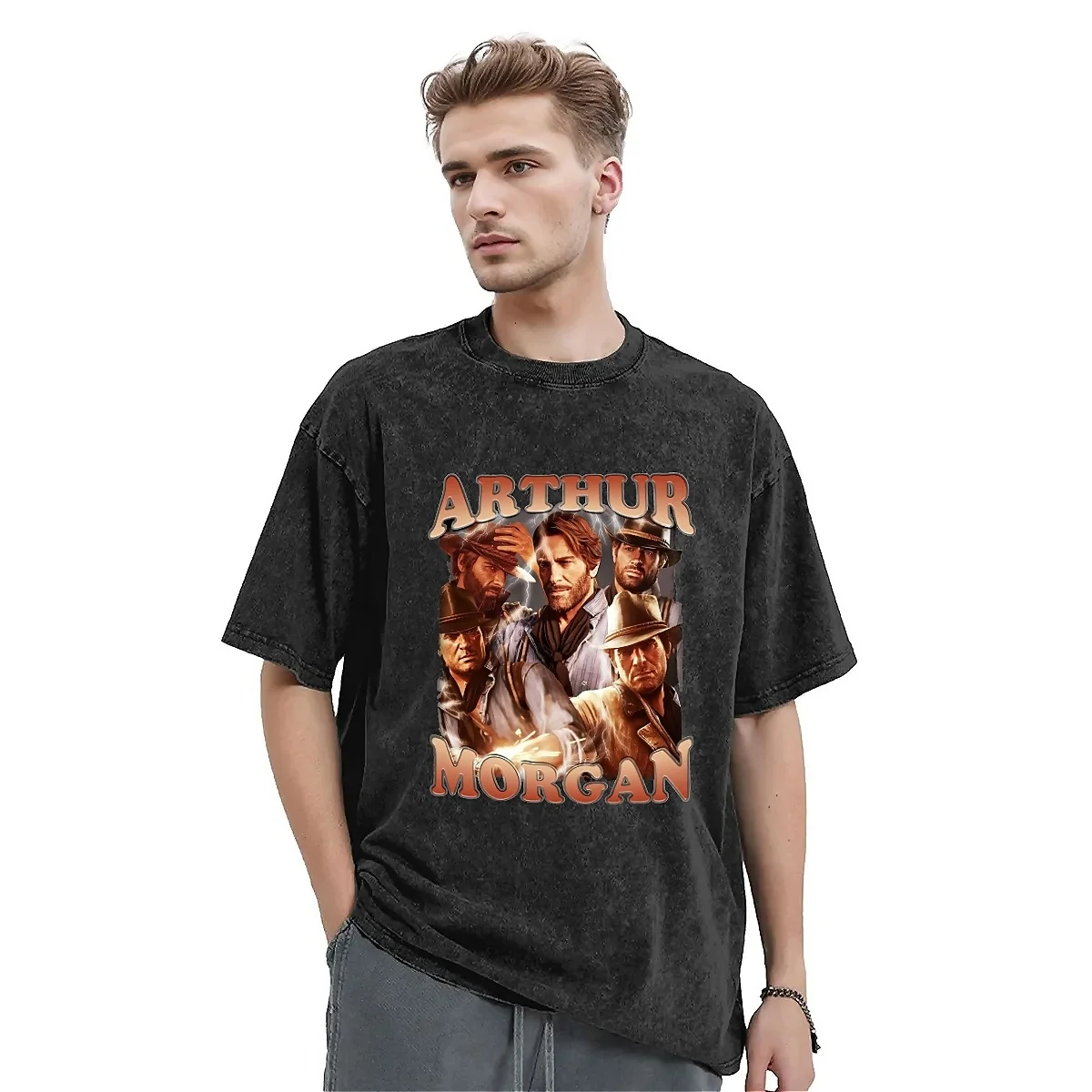 Funny Arthur Morgan Bootleg Washed T-Shirt Men Cowboy Vintage Loose T-Shirts Summer O Neck Fashion Tees Print Big Size Tops