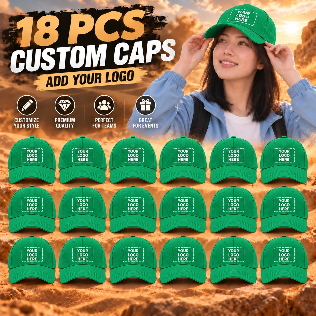 18-Piece Personalized Baseball Cap Set – Customizable with logos, designs, or text; perfect for Halloween costume parties and ou