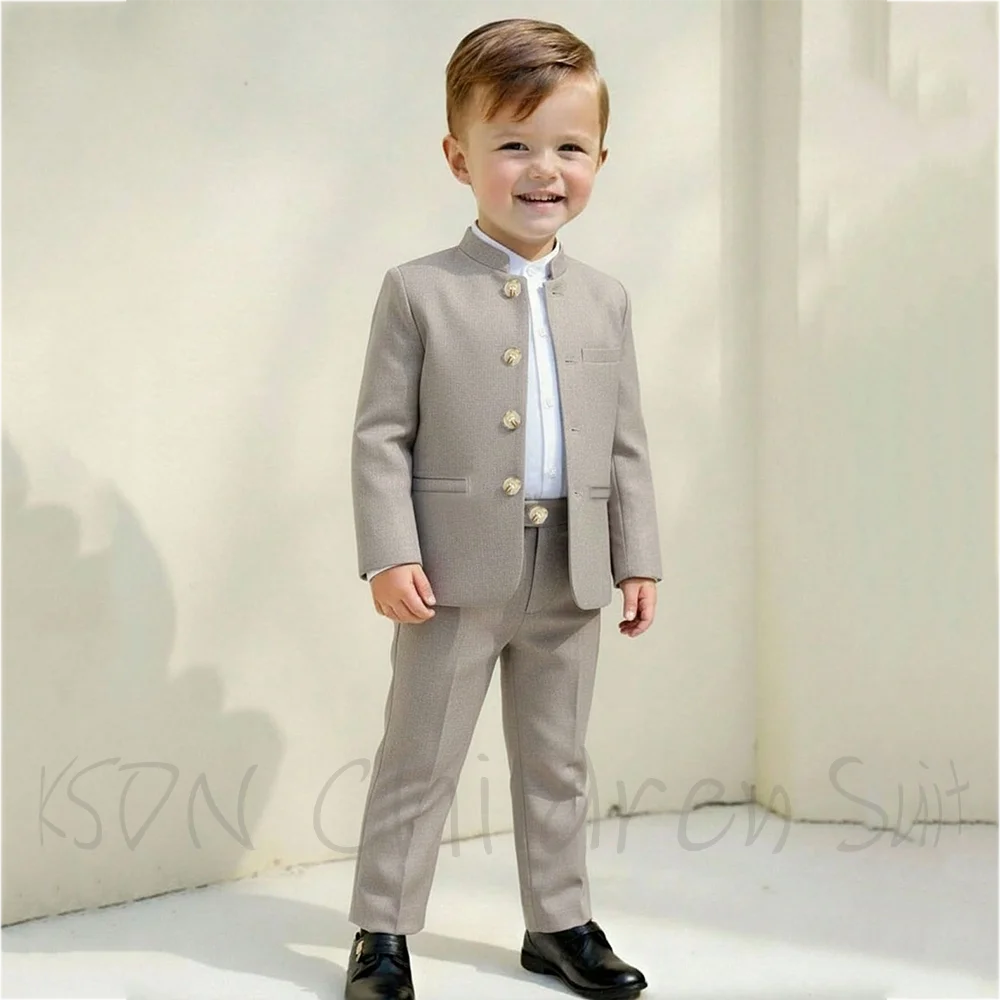 Traje de Dos Piezas para Niño con Cuello Mandarín, Cierre de un Botón, Color Sólido, Elegante, para Bodas, Cumpleaños, Conjunto de Ropa Infantil para Caballero