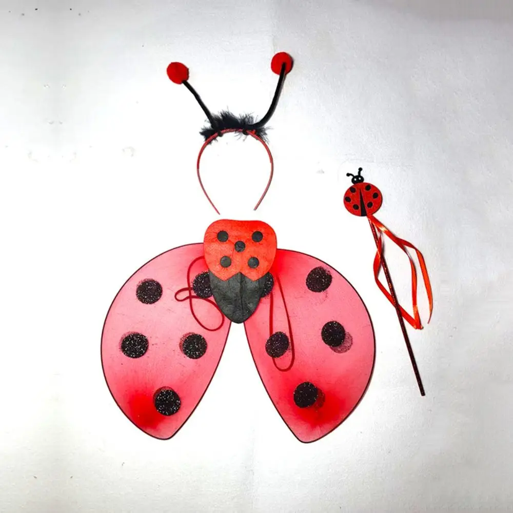 Disfraz de mariquita roja con alas plegables y varita, disfraz de insecto, diadema de dibujos animados, disfraz de mariquita para fiesta