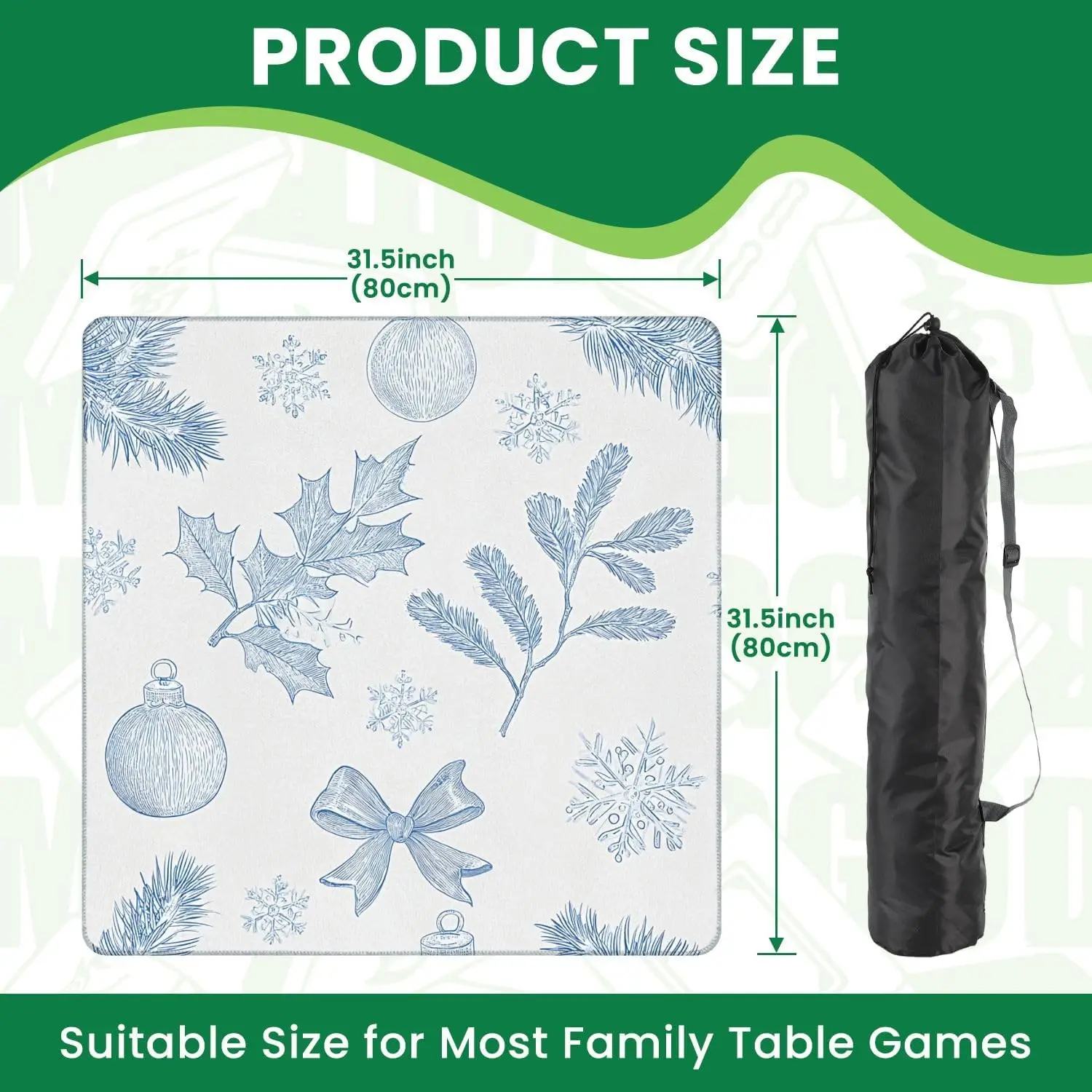 31.5x31.5 Vintage Toile Art Christmas Mahjong Mat Spruce Branch Toy Bow Seamless Pattern Non‑slip Noise Reduction Table Cloth fo