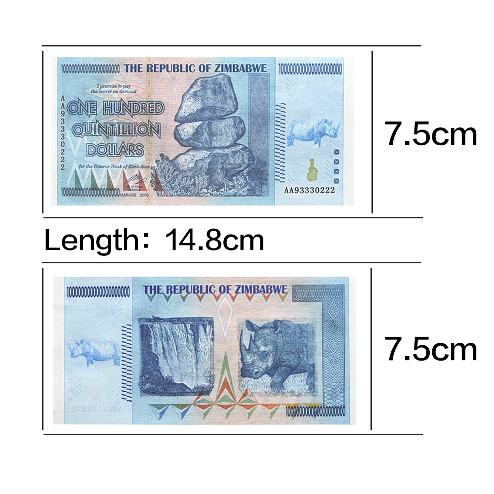 Zimbabwe Banknotes One Hundred Quinitillion Dollars Serial Banknotes with UV Anti-counterfeiting and Fluorescence Free Shipping