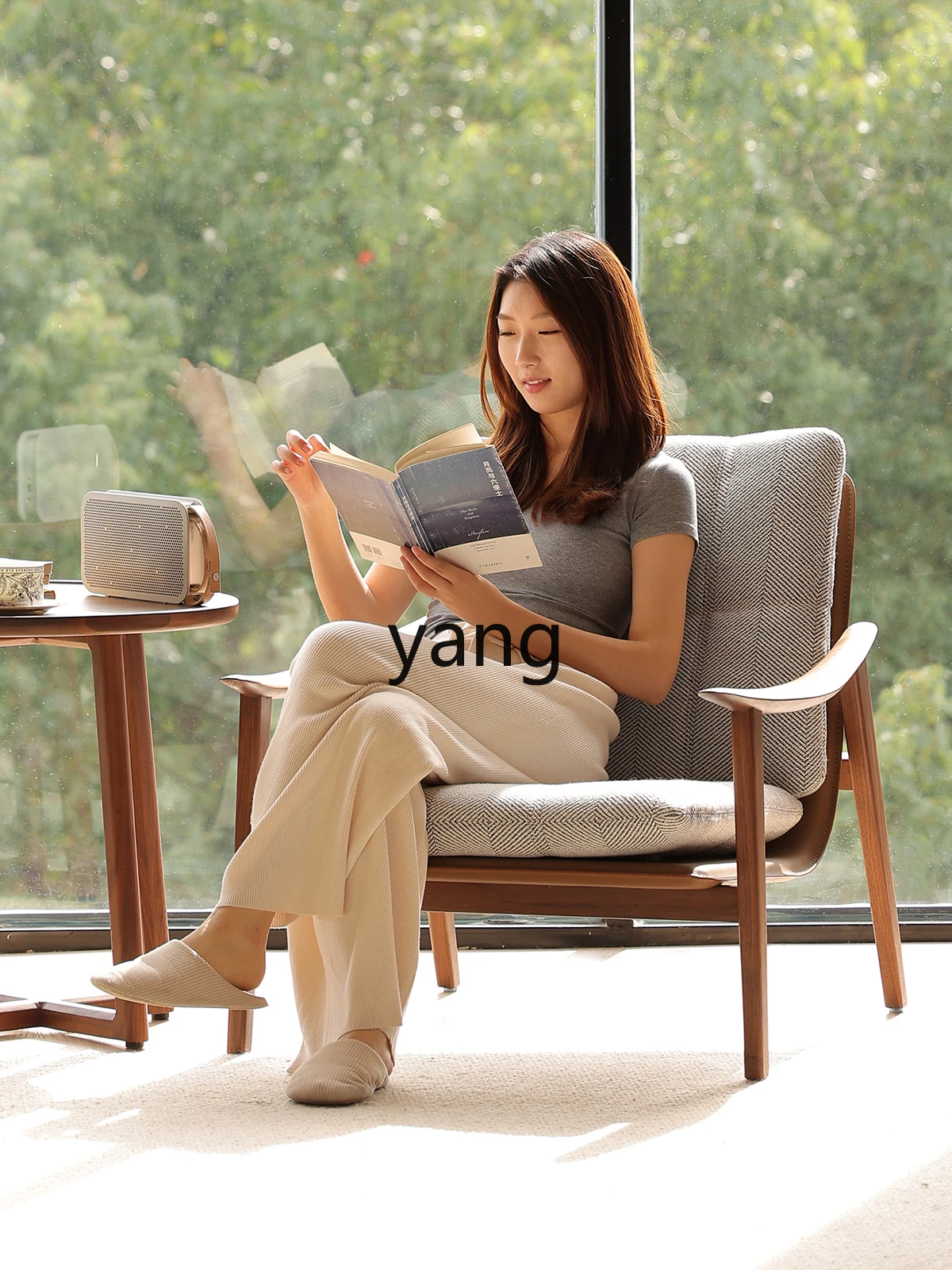 

LMM single leisure chair black walnut solid wood sofa chair living room single bedroom balcony chair