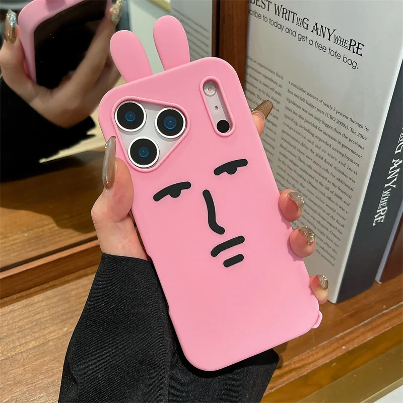 Kawaii ثلاثية الأبعاد مضحك الكرتون الوردي الرموز التعبيرية أرنب قضية الهاتف آيفون 17 16e 15 14 13 12 برو ماكس زائد لينة سيليكون غطاء مقاوم للصدمات