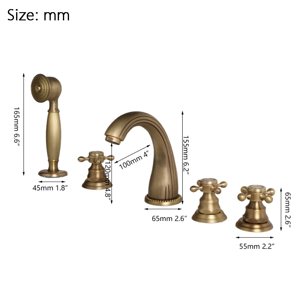 Torayvino Antique Brass Bathtub Faucet Bathroom Shower Deck Mounted 3 Handles Tap Waterfall Faucet Mixer Water Tap Combo Kit