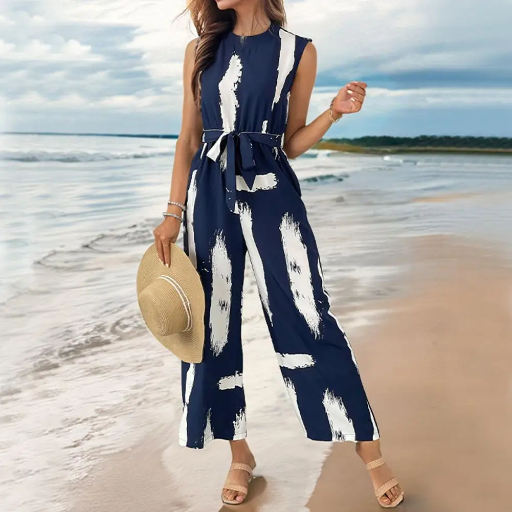 

Sleeveless Printed Jumpsuit Stylish Women's Printed Sleeveless Romper with Wide Leg for Work Parties Vacations High for Daily