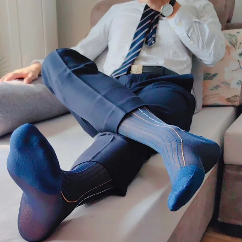 Mens Dress Socks for Man Classic Navy Striped Business Suit Formal Socks for Men Nylon Jacquard Breathable Office Mid-Calf Socks