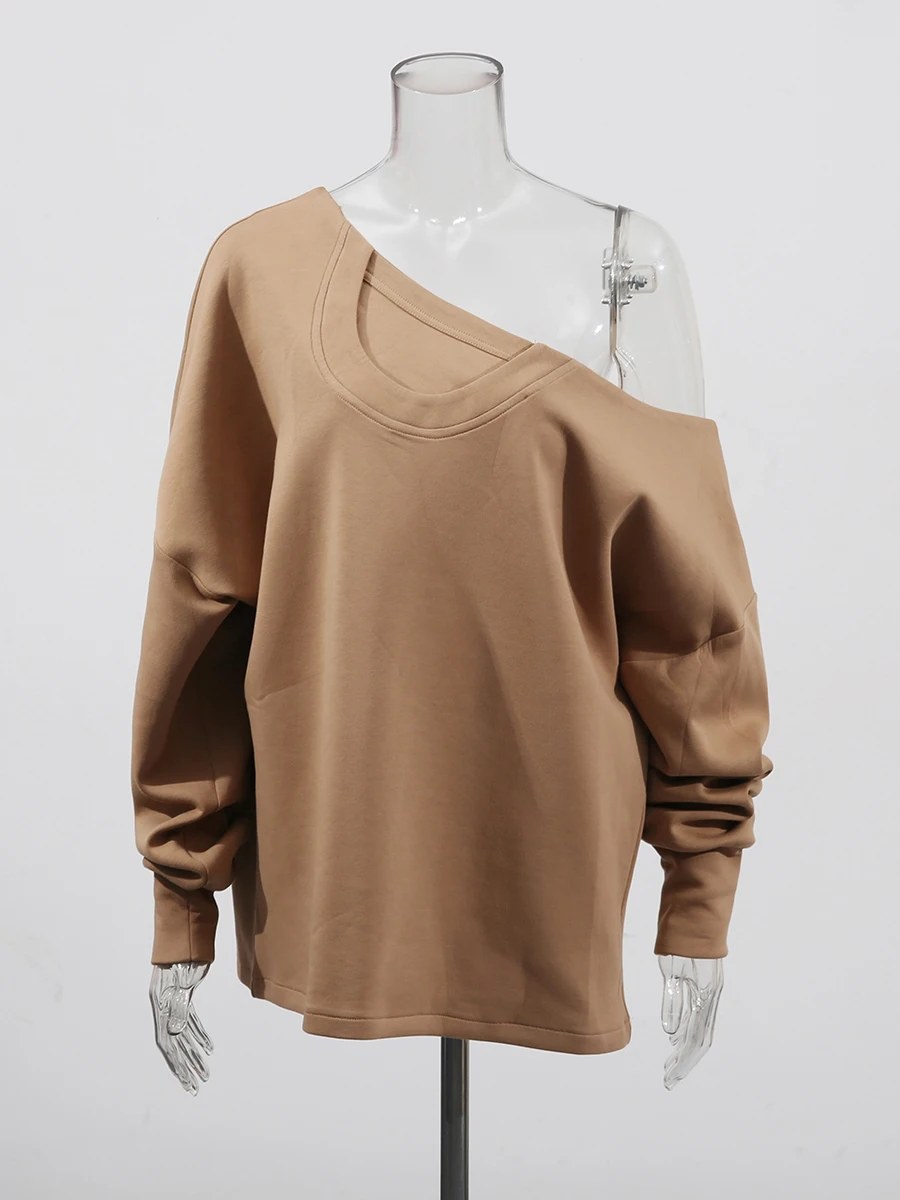 VGH-Sudadera de diseñador asimétrica para mujer, suéter holgado informal con cuello Diagonal y manga acampanada, ropa femenina de otoño